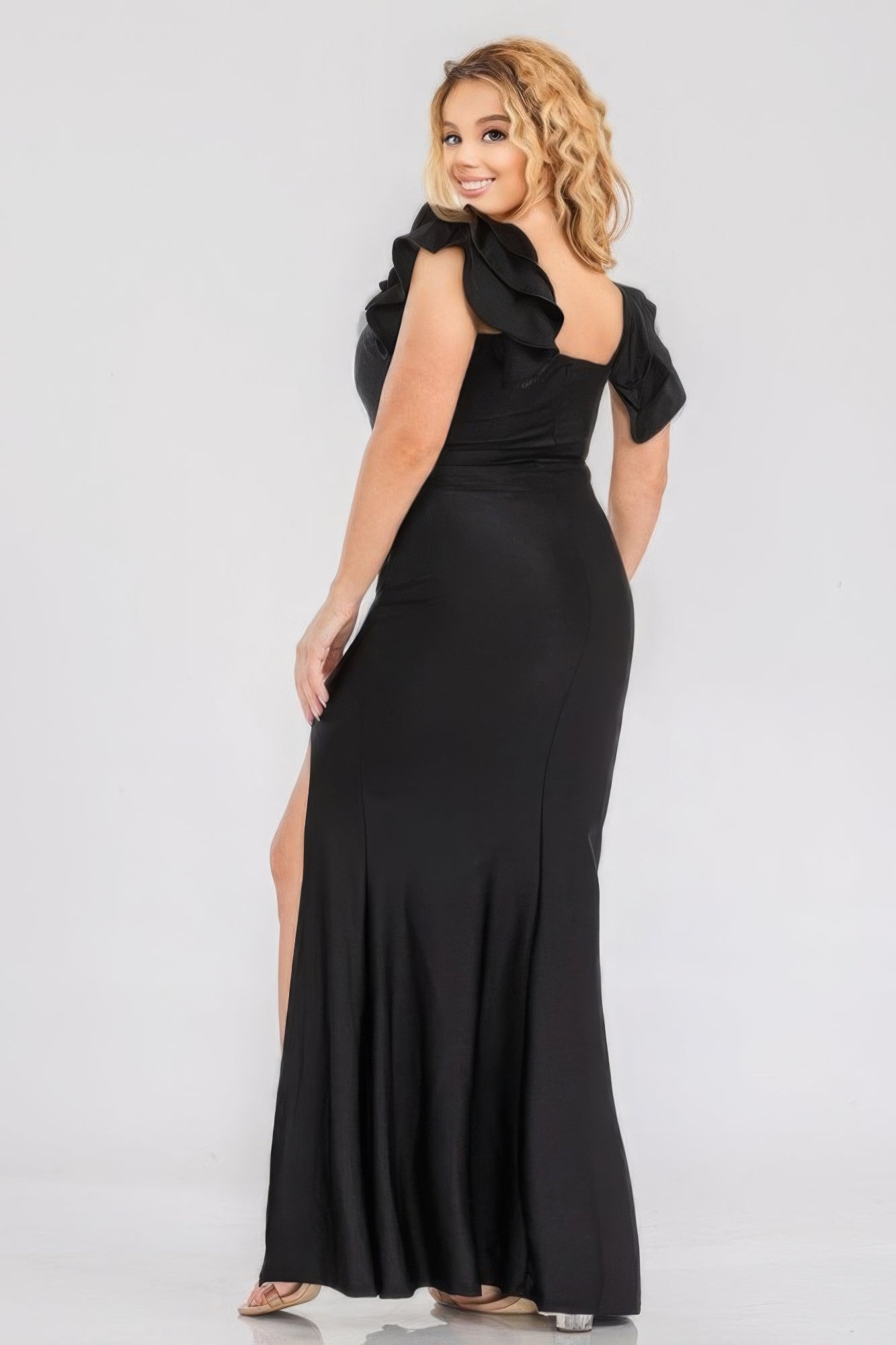 Plus Size Satin Stretch Ruffle Party Maxi Dress